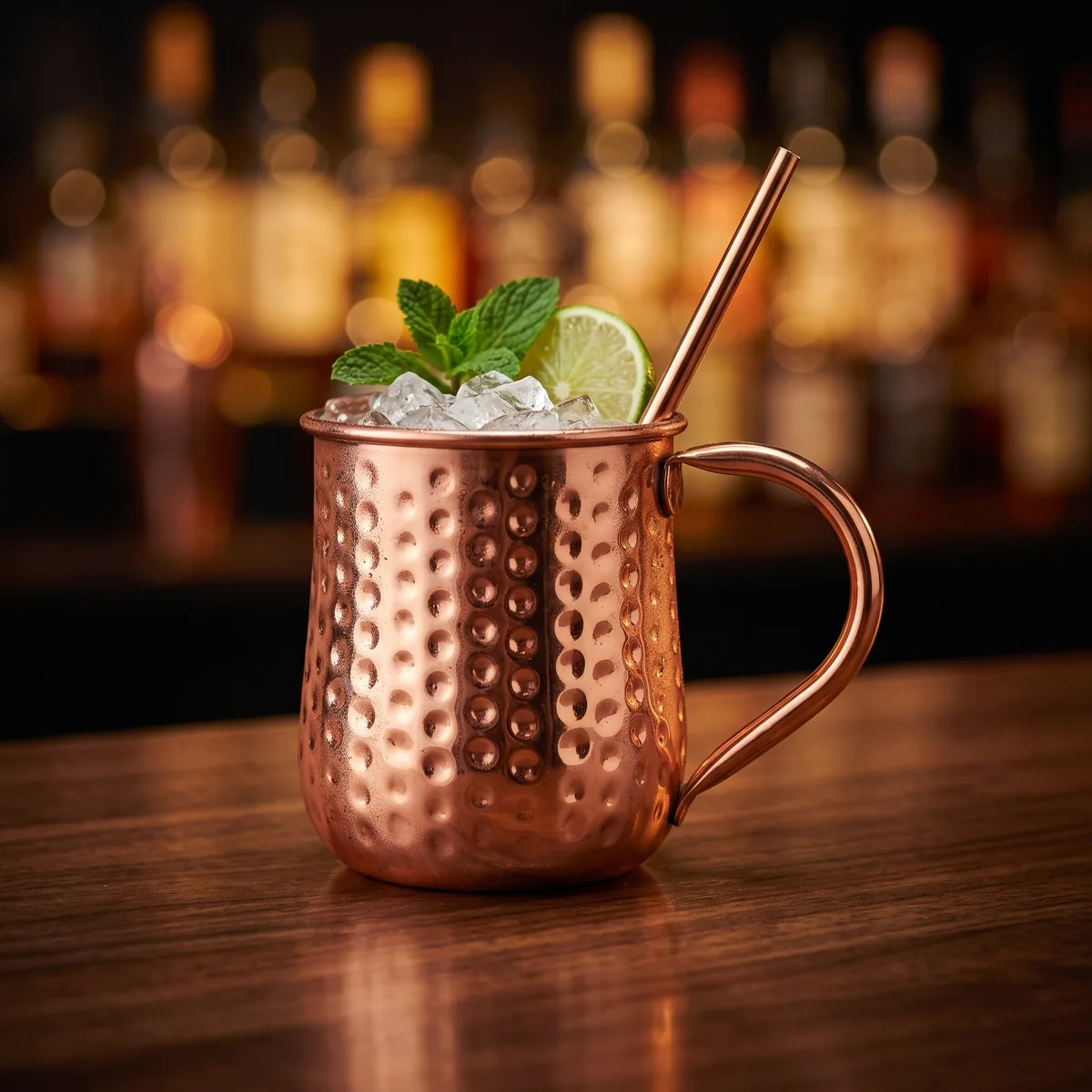 Hammered copper Moscow Mule mug with straw, on a bar counter