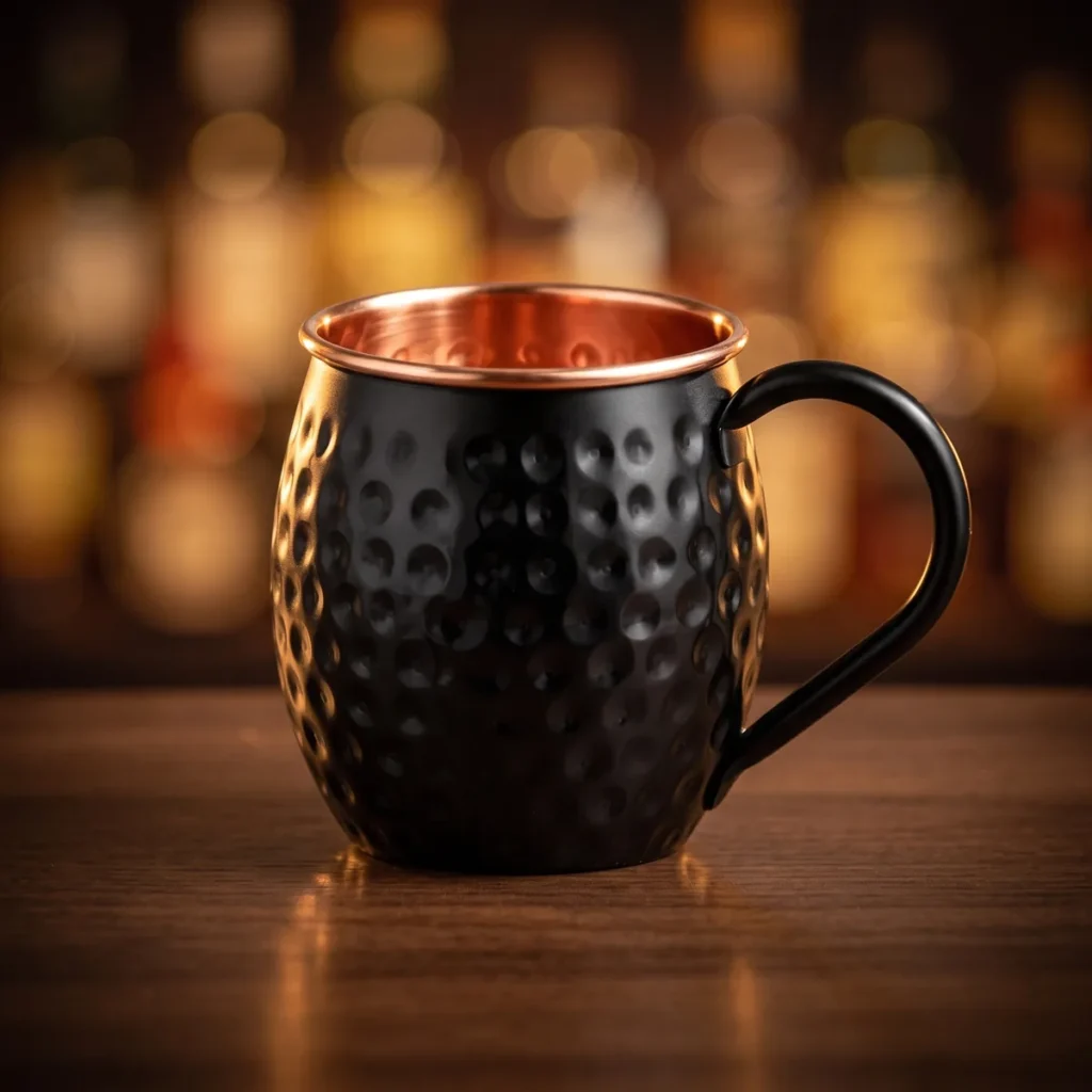 Black copper Moscow Mule mug, on a bar counter