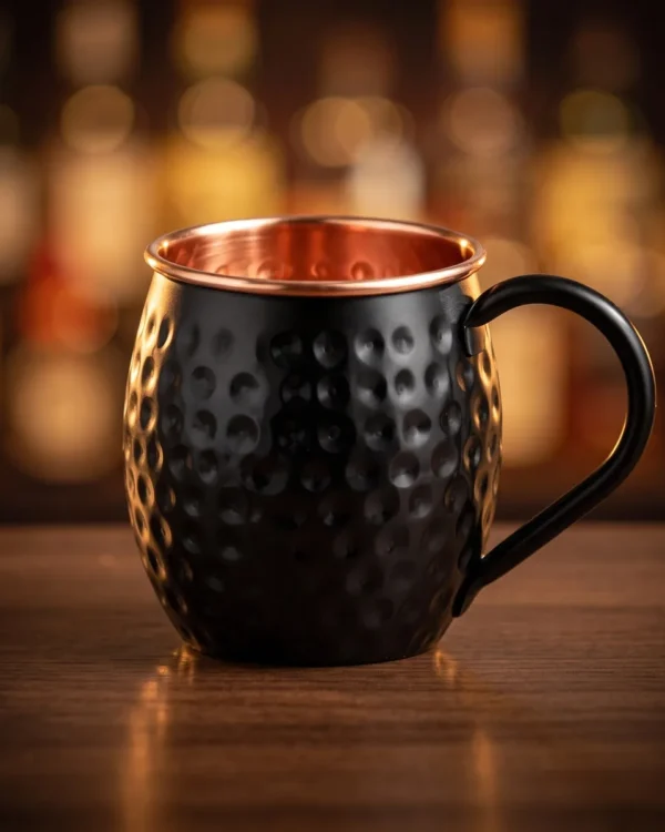 Black copper Moscow Mule mug, on a bar counter
