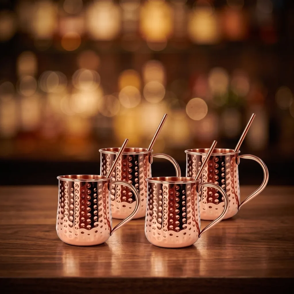 Copper Moscow Mule mugs and straws, set of 4, on a bar counter