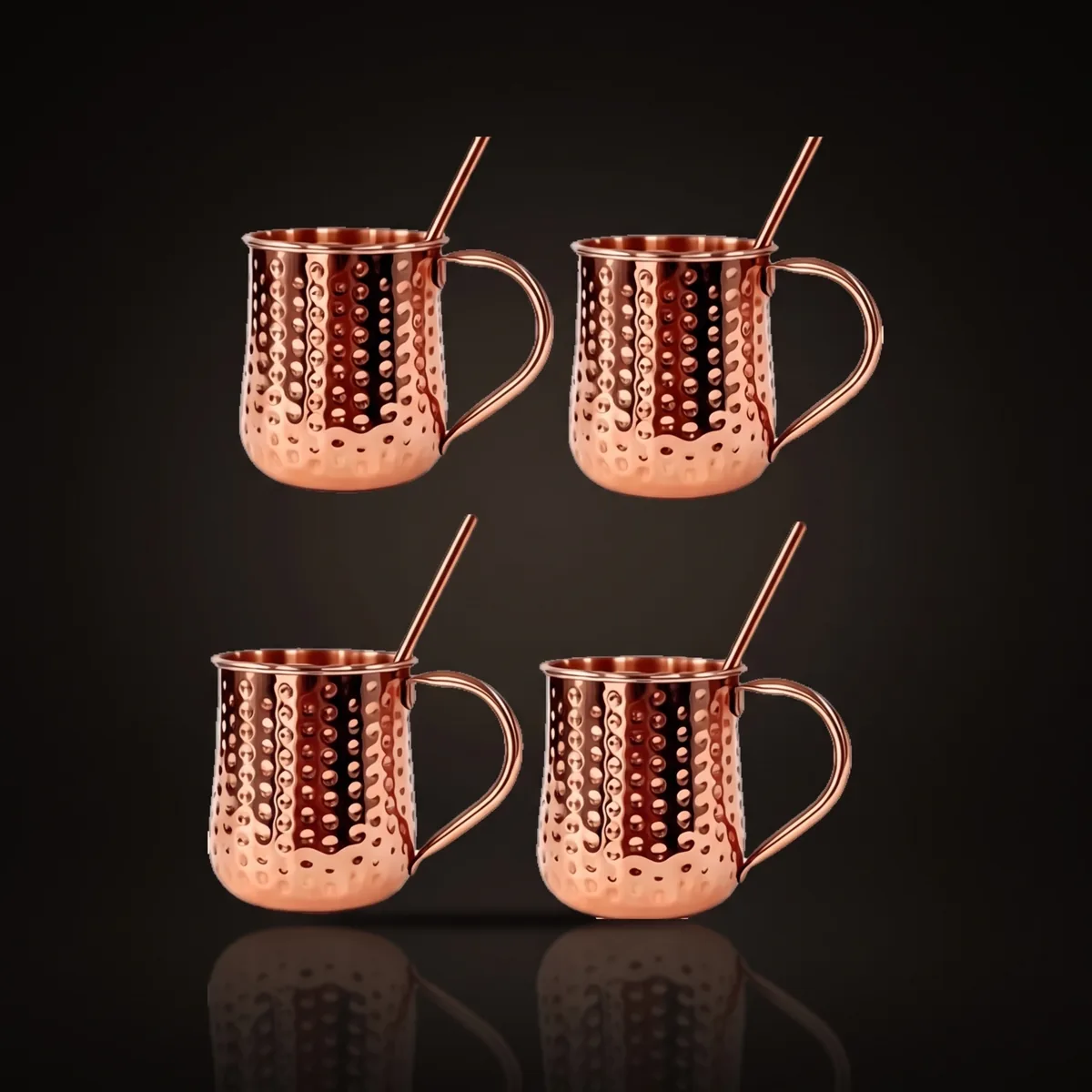 Copper Moscow Mule mugs and straws, set of 4, front view