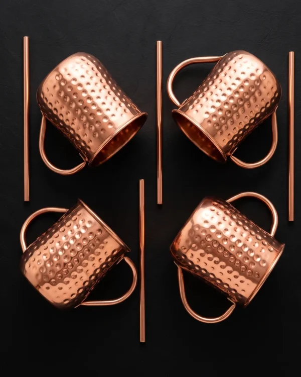 Copper Moscow Mule mugs and straws, set of 4, top view