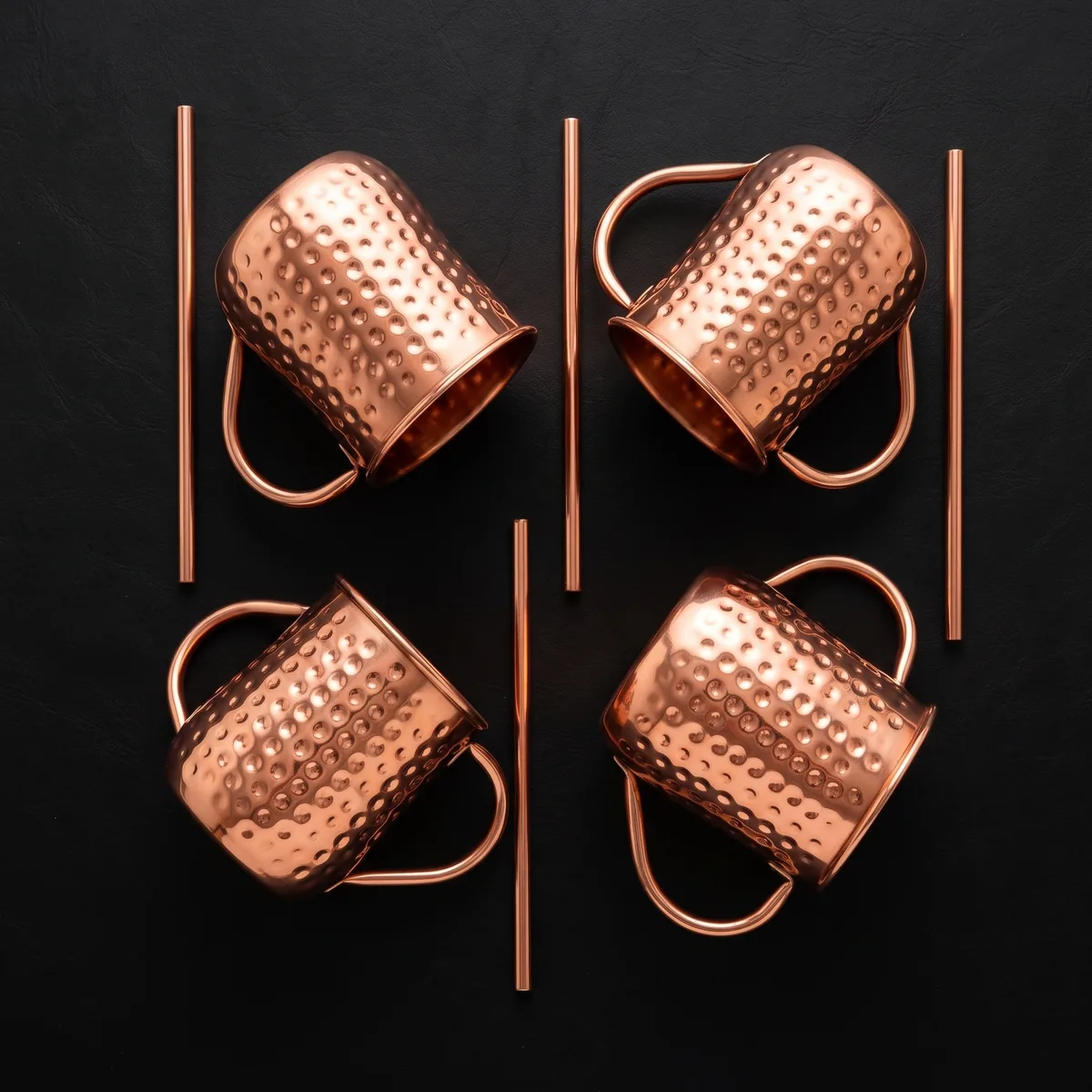 Copper Moscow Mule mugs and straws, set of 4, top view