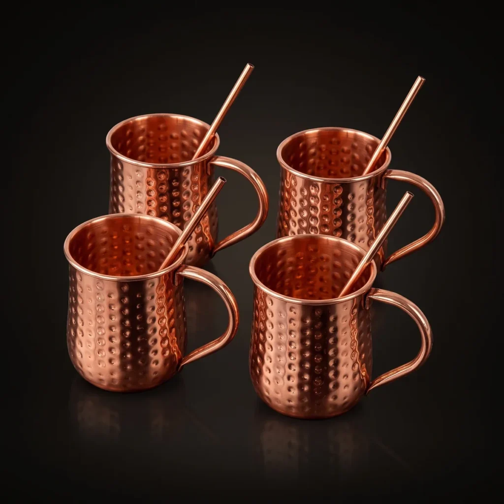 Copper Moscow Mule mugs and straws, set of 4, three-quarter view