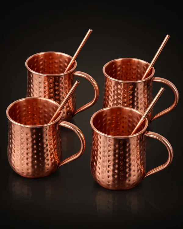Copper Moscow Mule mugs and straws, set of 4, three-quarter view