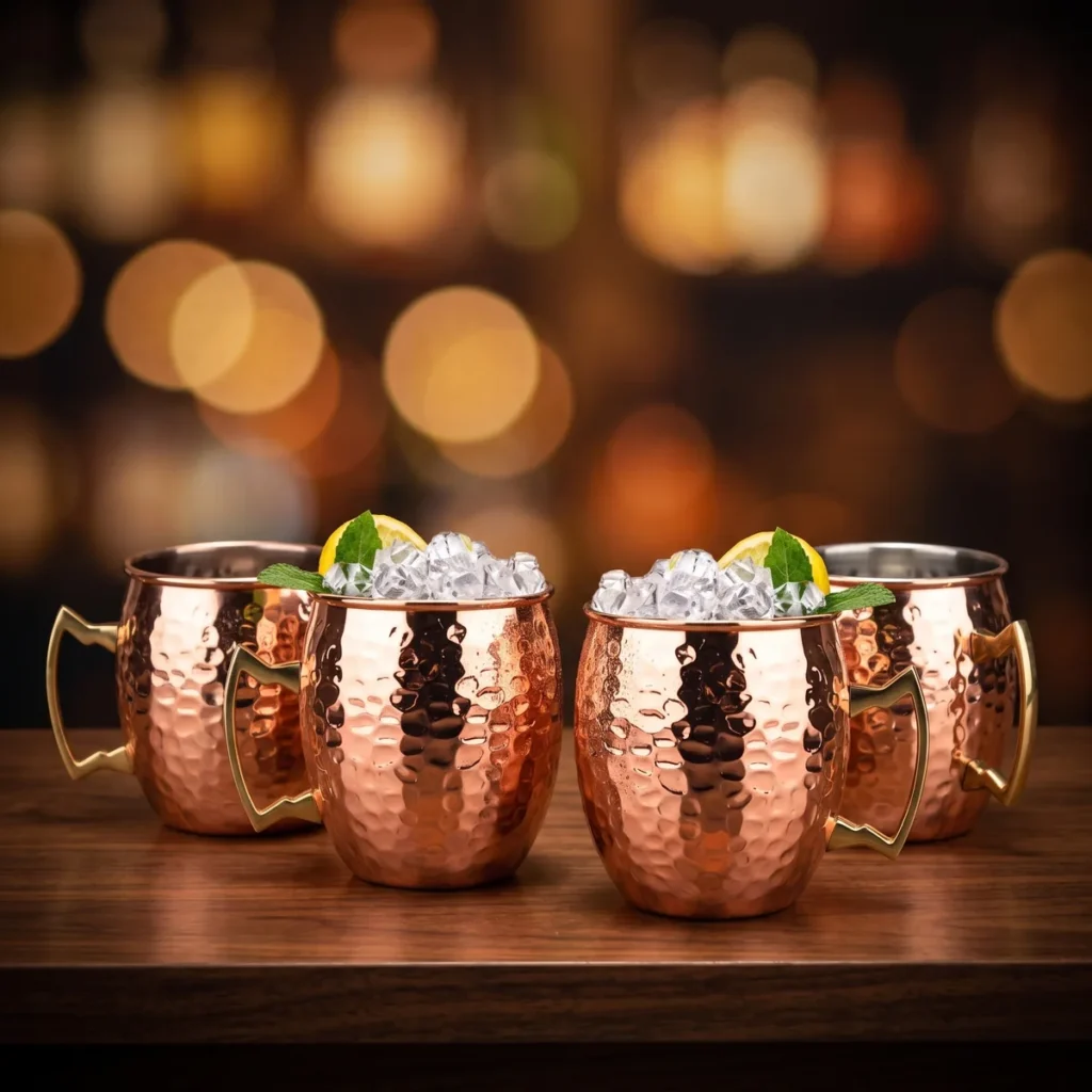 Hammered copper Moscow Mule mugs, set of 4, on a bar counter
