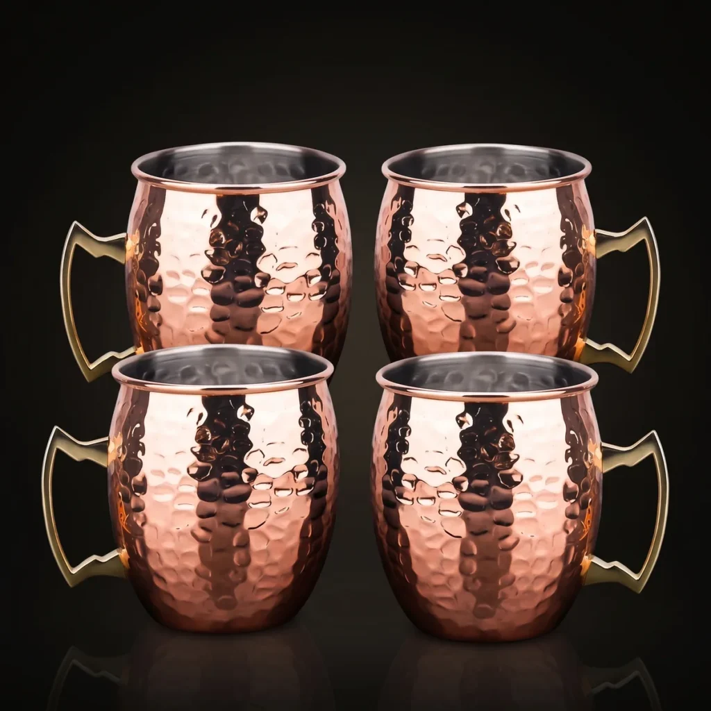 Hammered copper Moscow Mule mugs, set of 4, front view