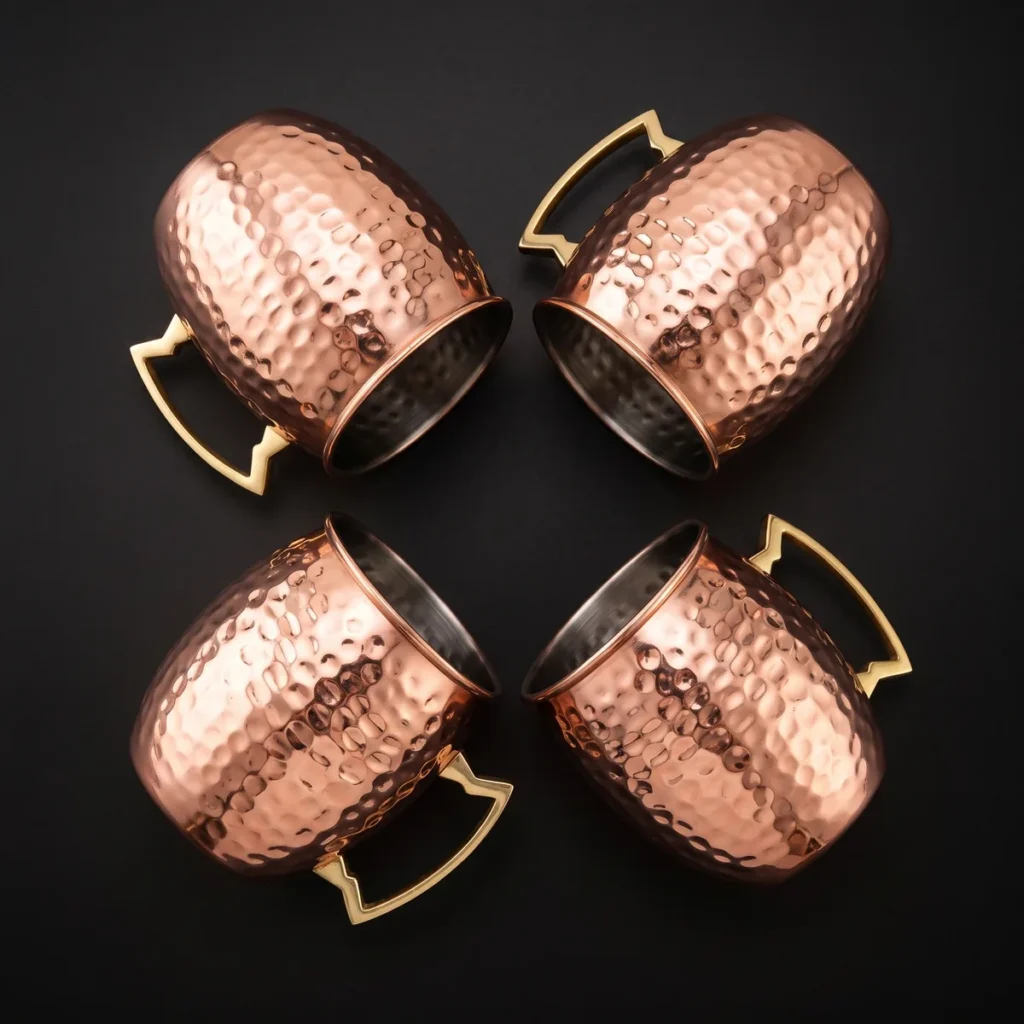 Hammered copper Moscow Mule mugs, set of 4, top view