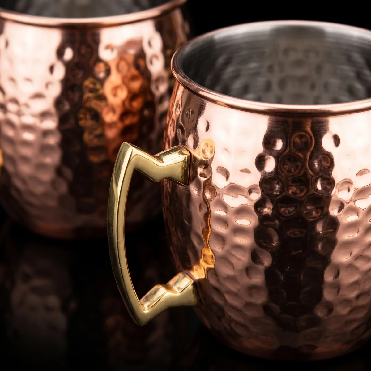 Hammered copper Moscow Mule mugs, set of 4, three-quarter view