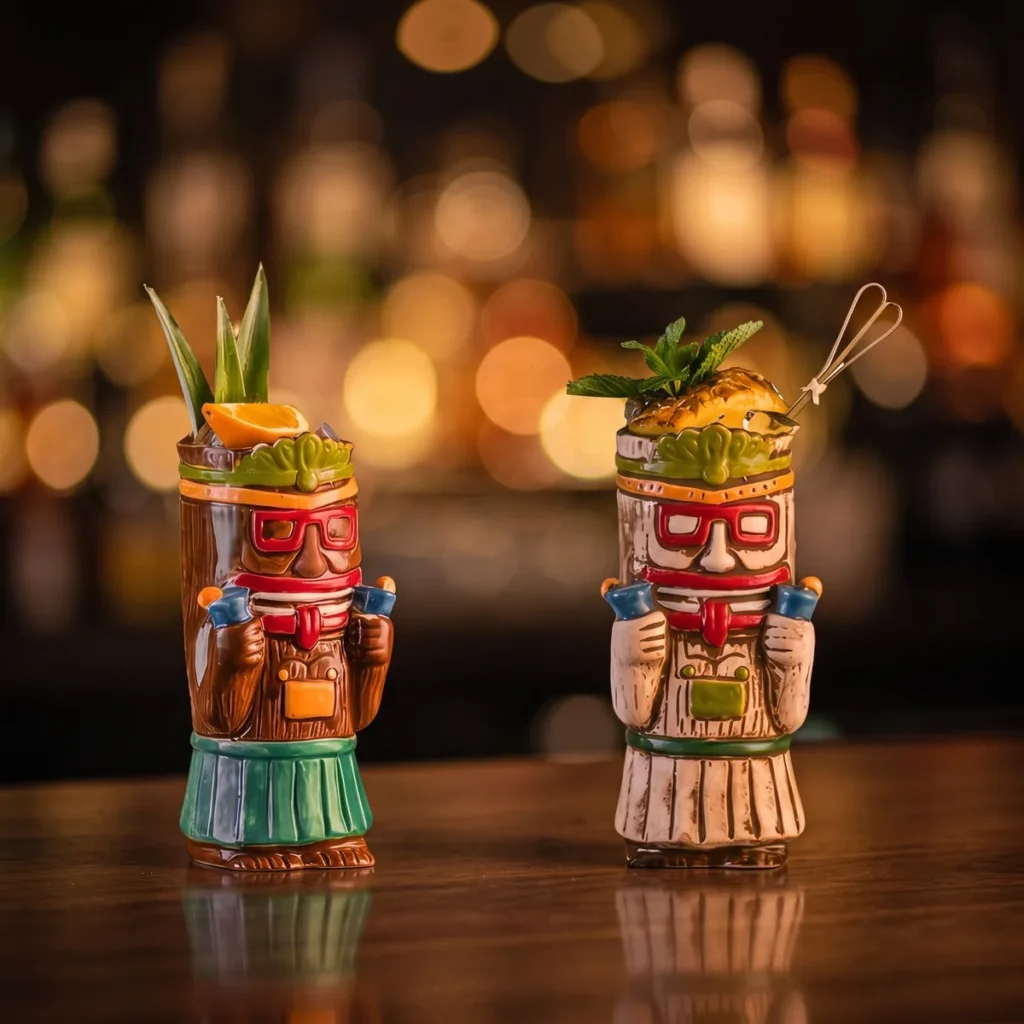 Tiki mugs with glasses 500 ml, set of 2, on a bar counter