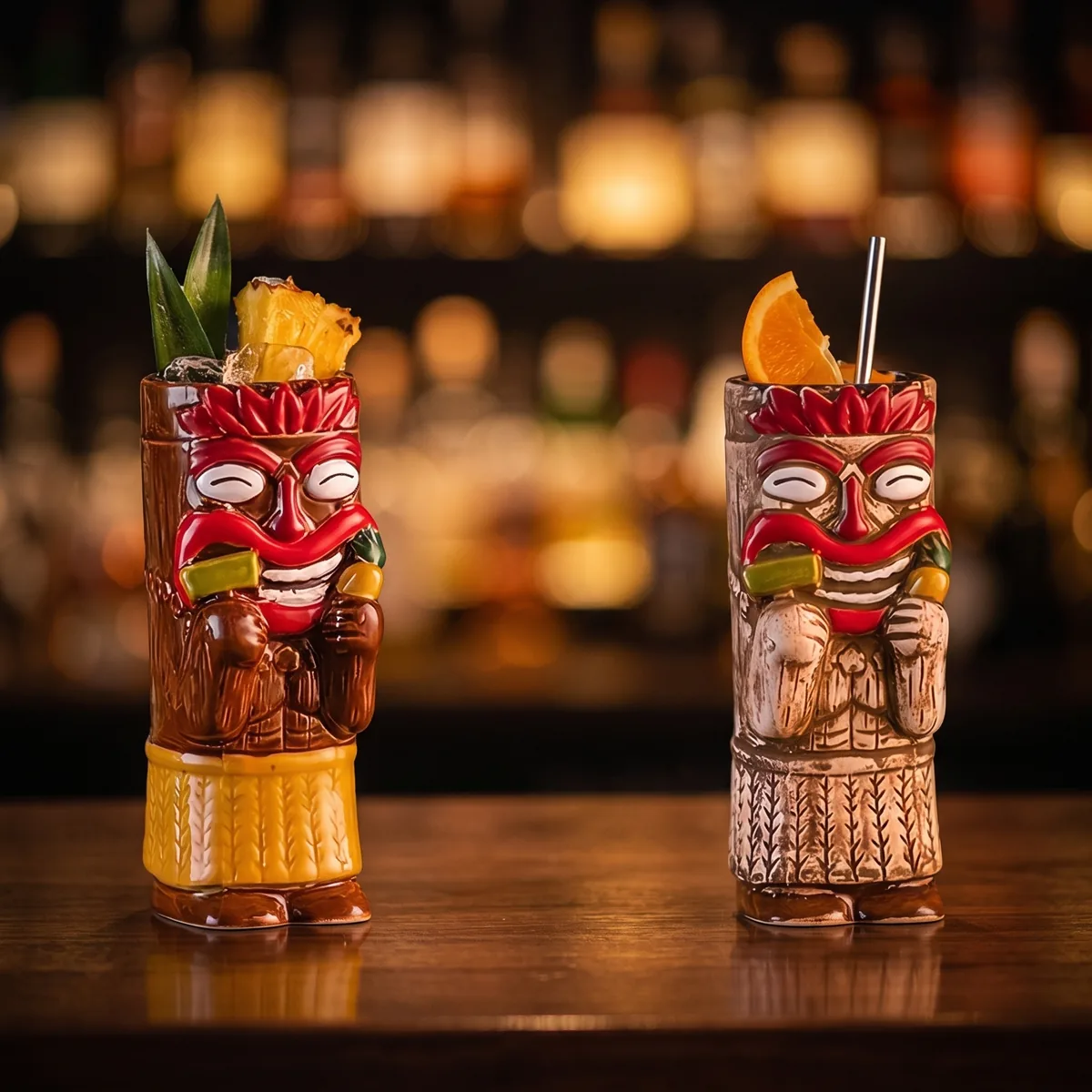Red-headdress chief tiki mugs 450 ml, set of 2, on a bar counter