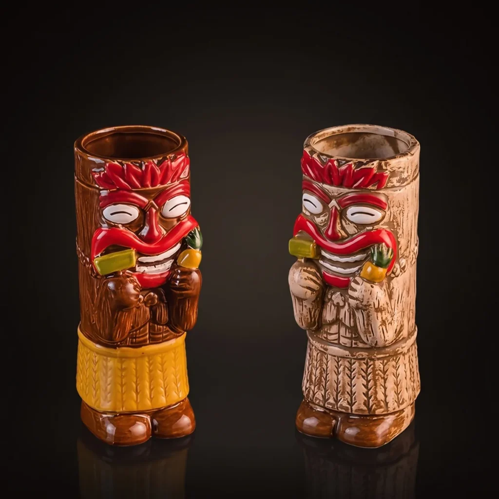 Red-headdress chief tiki mugs 450 ml, set of 2, three-quarter view