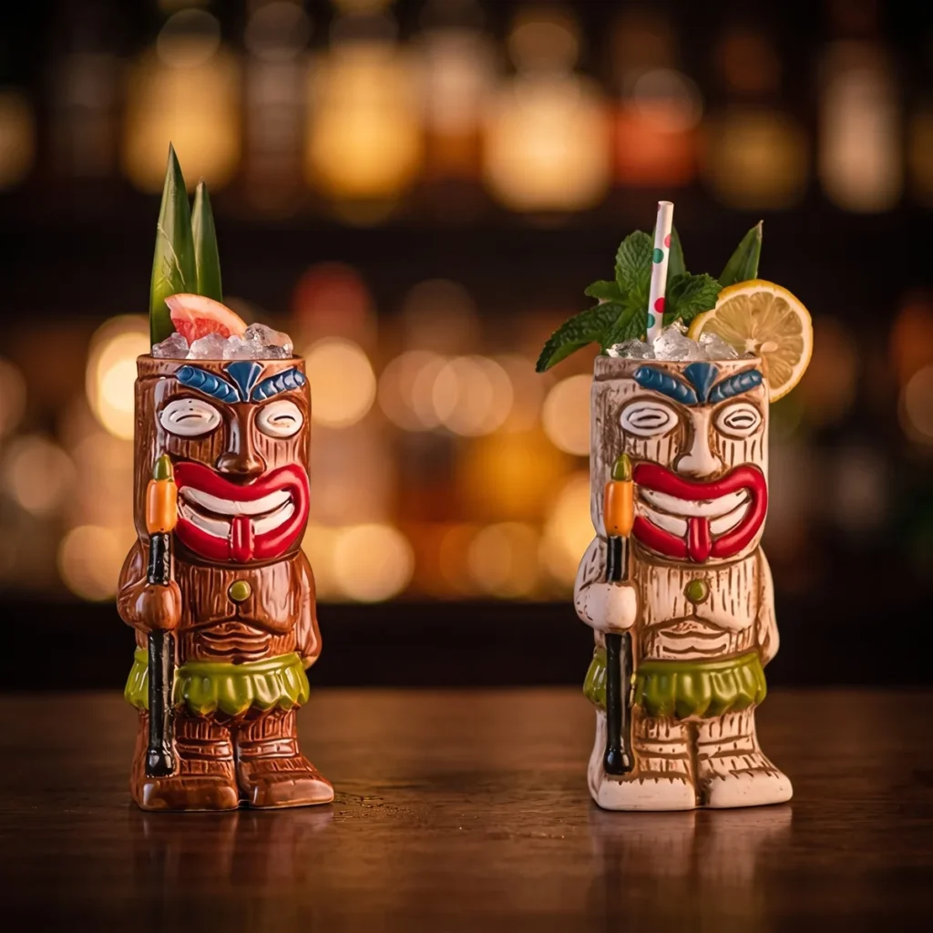 Spear warrior tiki mugs 440 ml, set of 2, on a bar counter