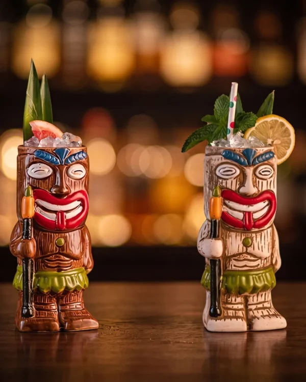 Spear warrior tiki mugs 440 ml, set of 2, on a bar counter