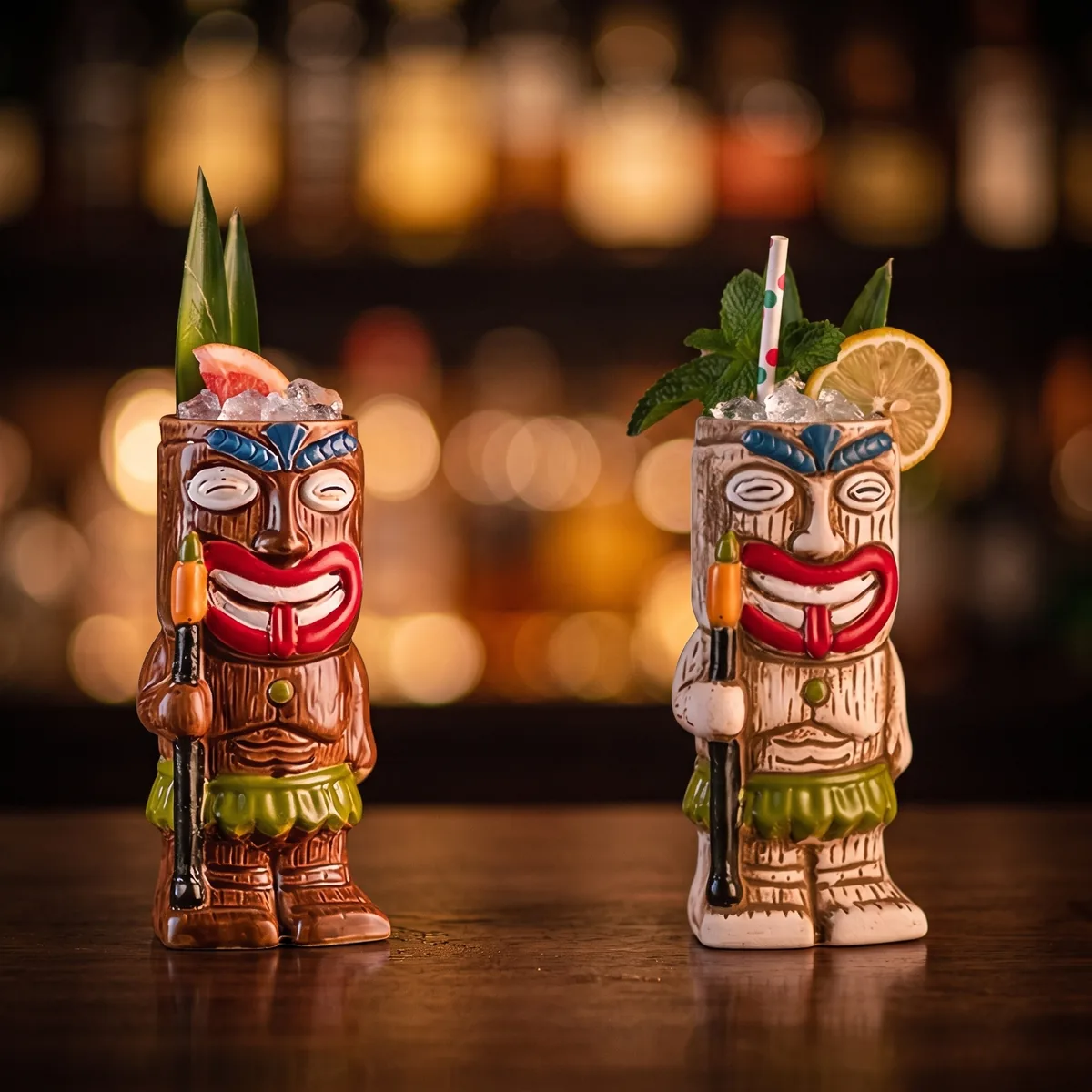 Spear warrior tiki mugs 440 ml, set of 2, on a bar counter