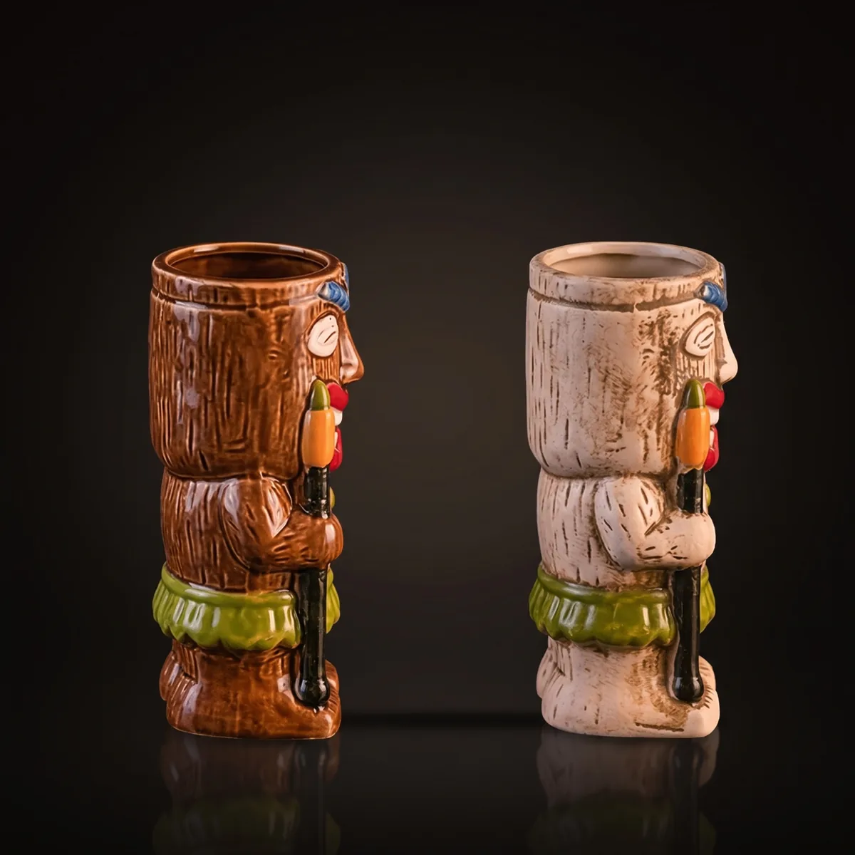 Spear warrior tiki mugs 440 ml, set of 2, three-quarter view