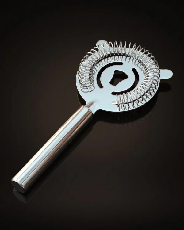 Cat cocktail strainer, long handle, three-quarter view