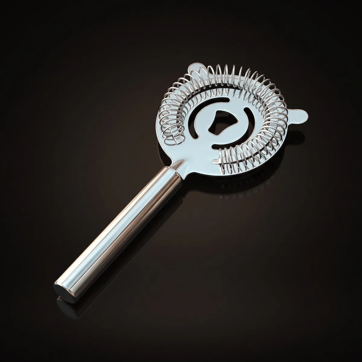 Cat cocktail strainer, long handle, three-quarter view