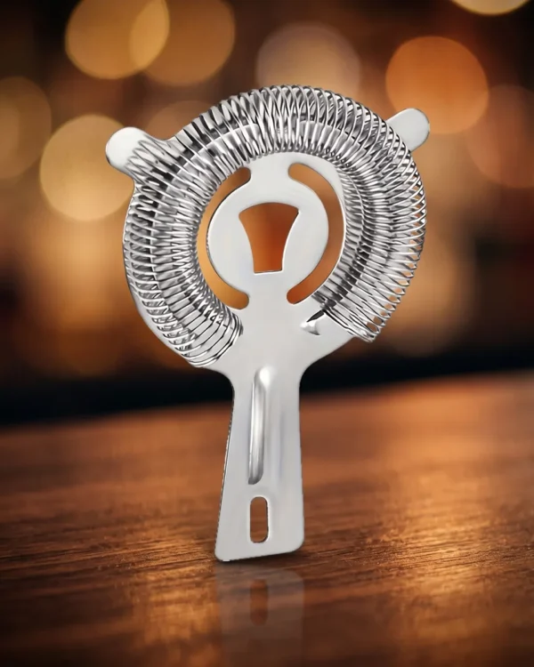 Stainless steel spring Hawthorne strainer, on a bar counter