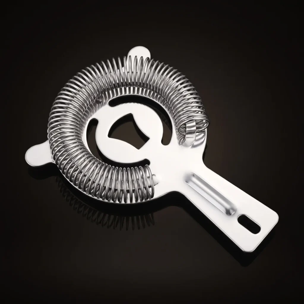 Stainless steel spring Hawthorne strainer, three-quarter view