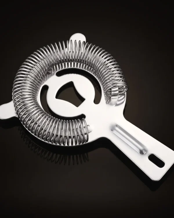 Stainless steel spring Hawthorne strainer, three-quarter view