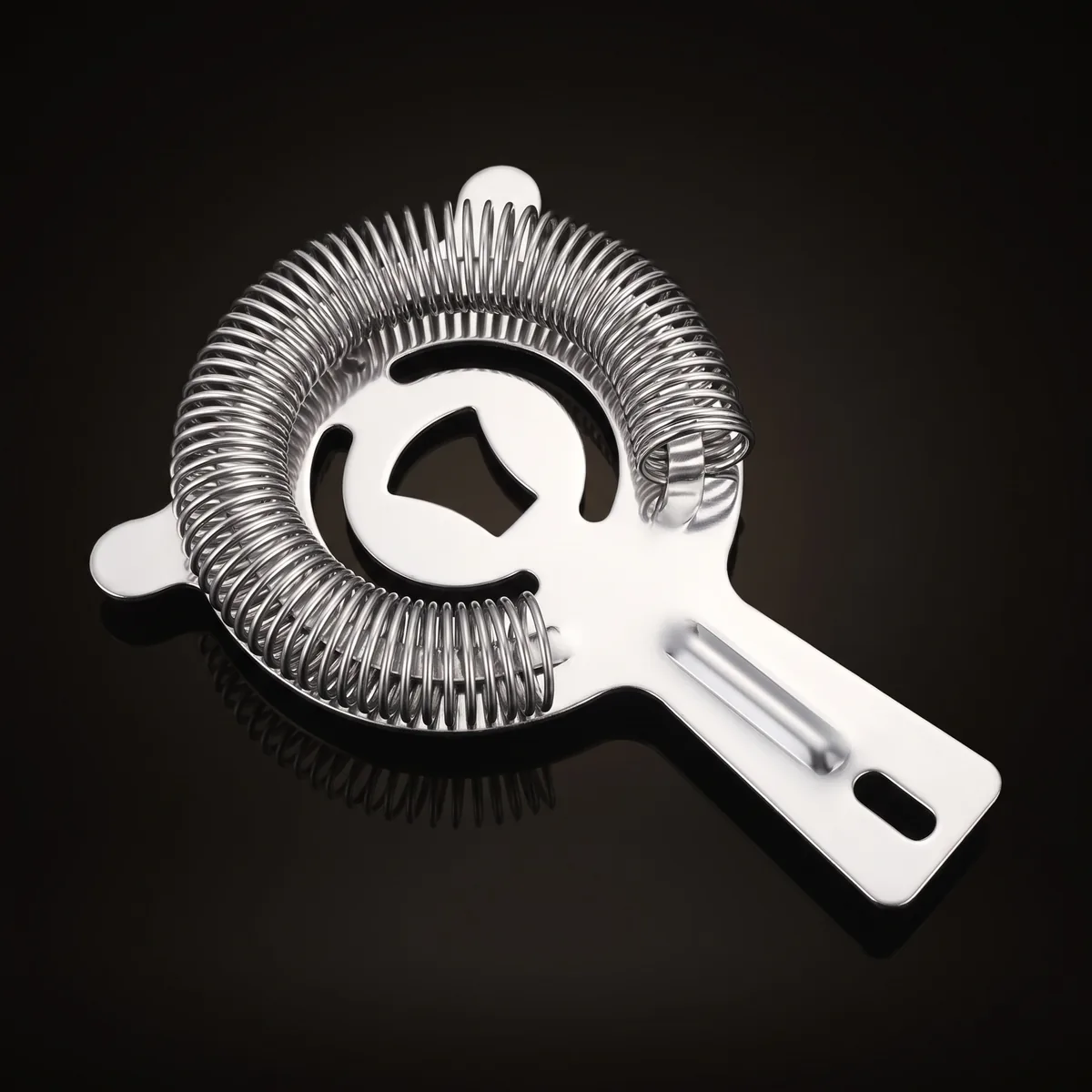 Stainless steel spring Hawthorne strainer, three-quarter view