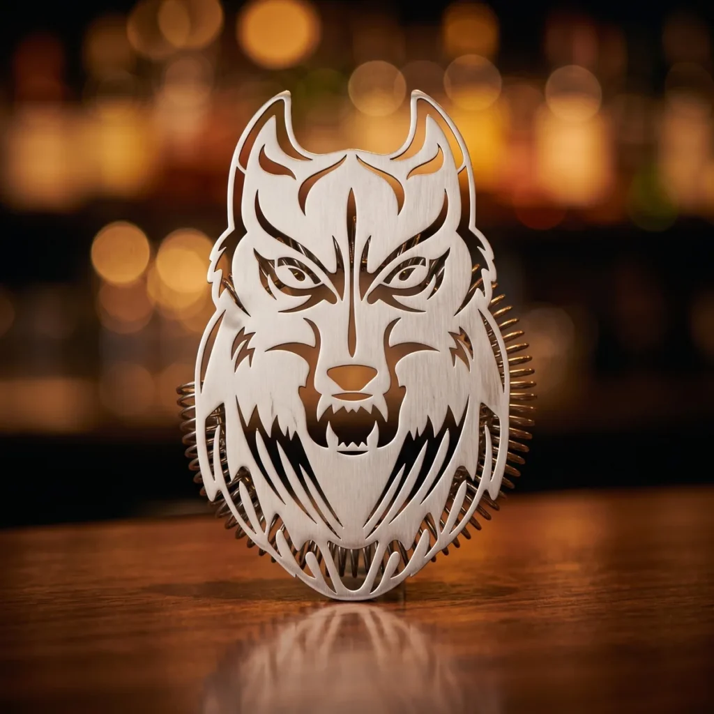 Hawthorne strainer, wolf head, on a bar counter