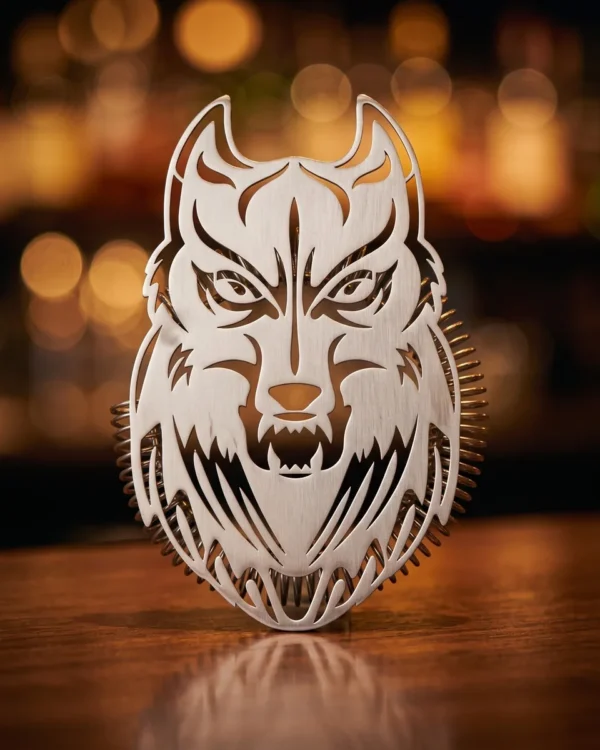Hawthorne strainer, wolf head, on a bar counter