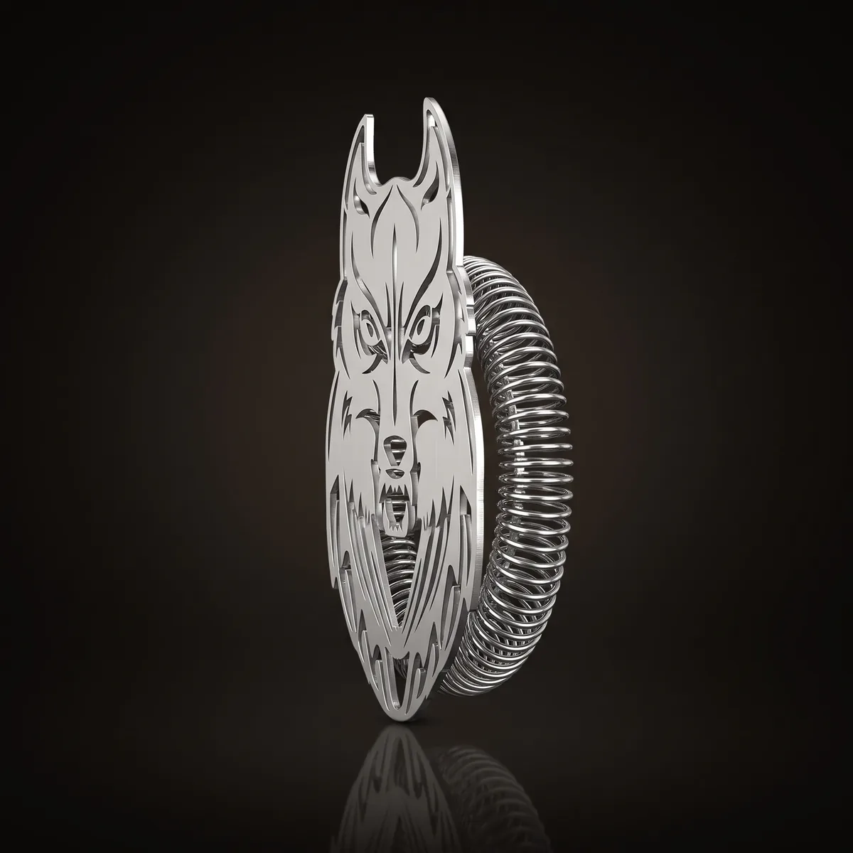 Hawthorne strainer, wolf head, three-quarter view