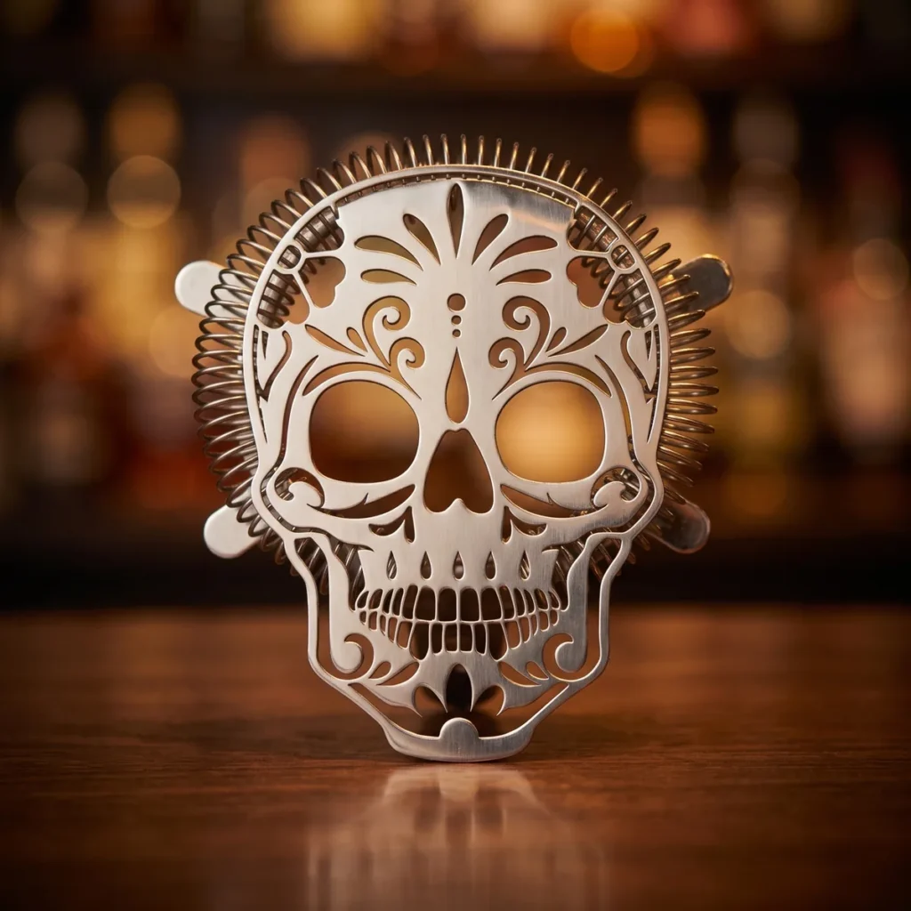 Hawthorne strainer, sugar skull, on a bar counter