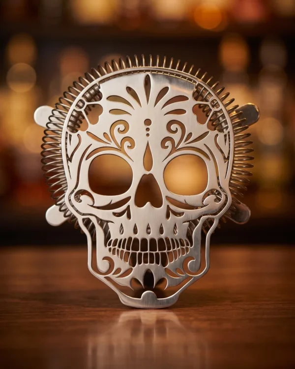 Hawthorne strainer, sugar skull, on a bar counter