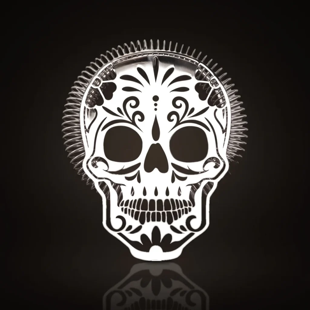 Hawthorne strainer, sugar skull, front view