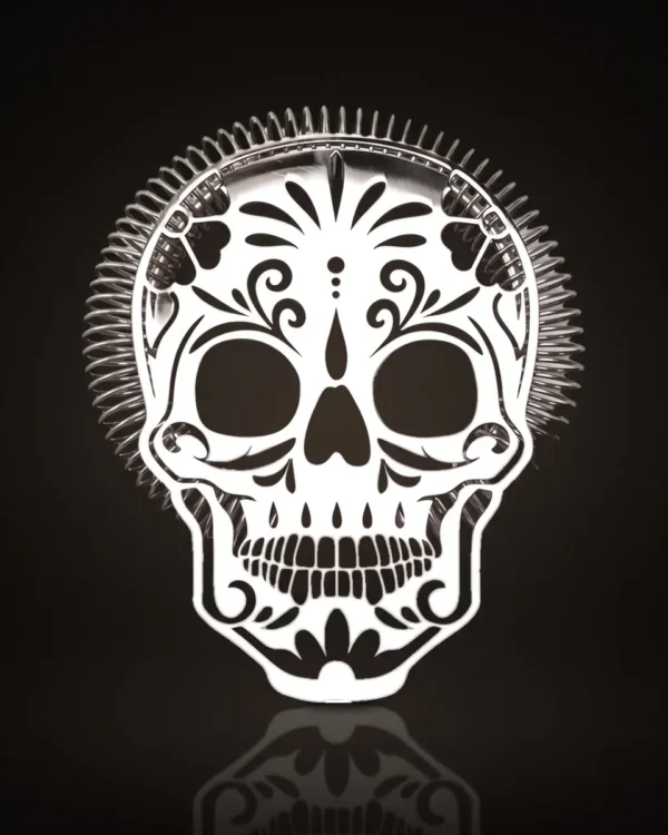 Hawthorne strainer, sugar skull, front view