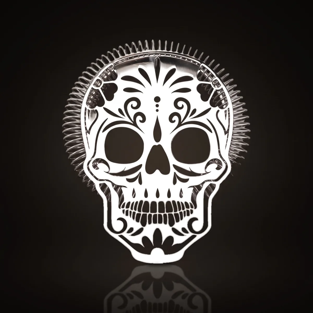 Hawthorne strainer, sugar skull, front view