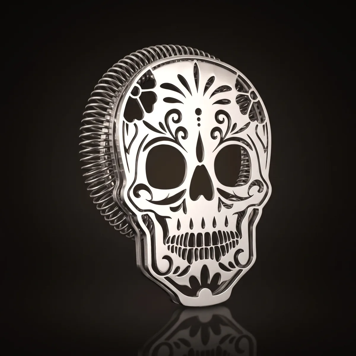 Hawthorne strainer, sugar skull, top view