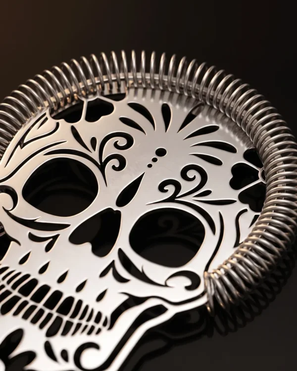 Hawthorne strainer, sugar skull, three-quarter view