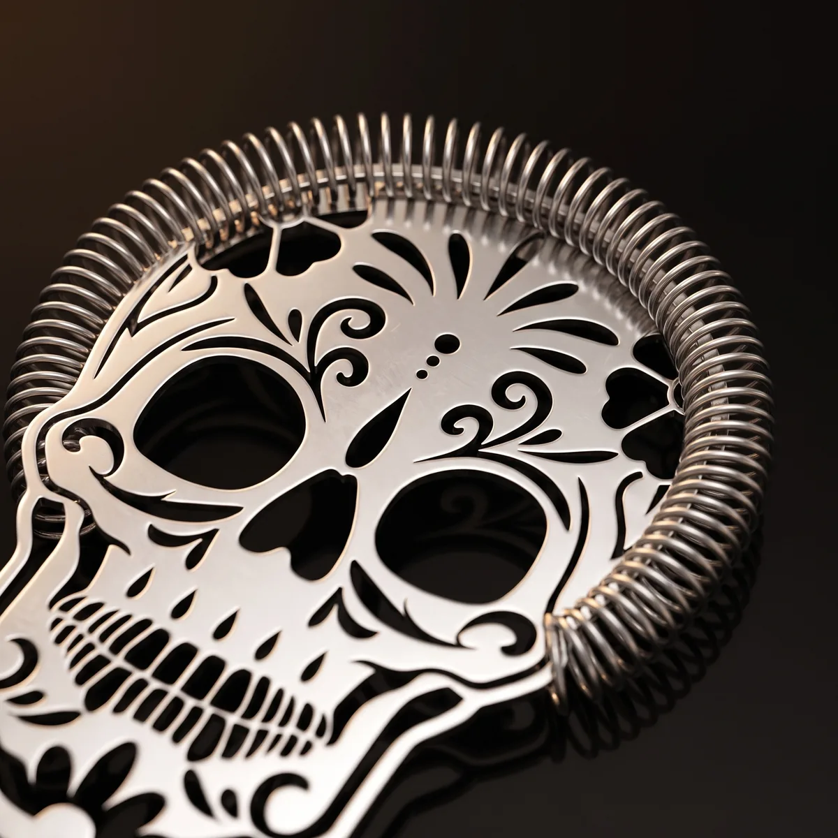Hawthorne strainer, sugar skull, three-quarter view