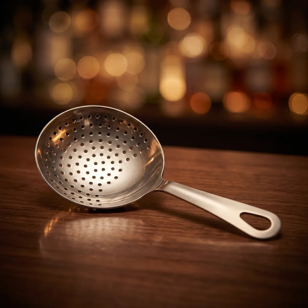 Stainless steel julep strainer, on a bar counter