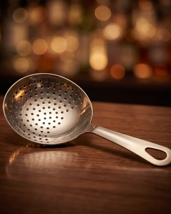 Stainless steel julep strainer, on a bar counter
