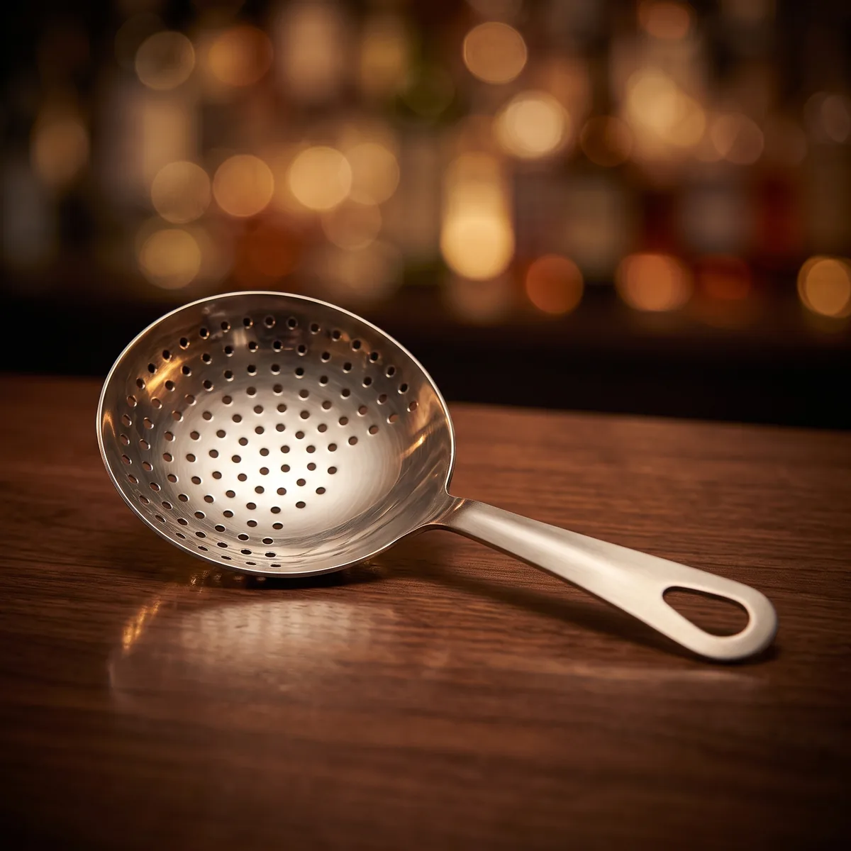 Stainless steel julep strainer, on a bar counter