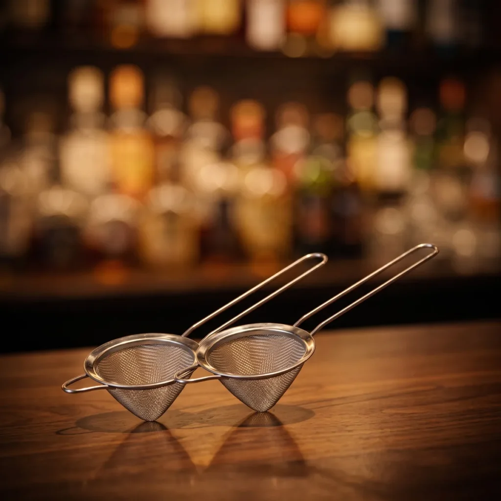 Conical fine strainers, set of 2, on a bar counter