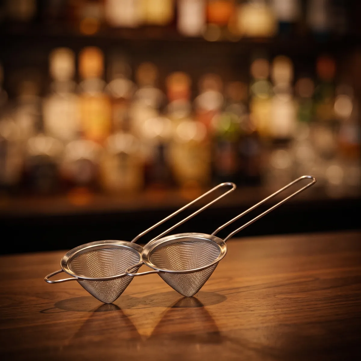Conical fine strainers, set of 2, on a bar counter