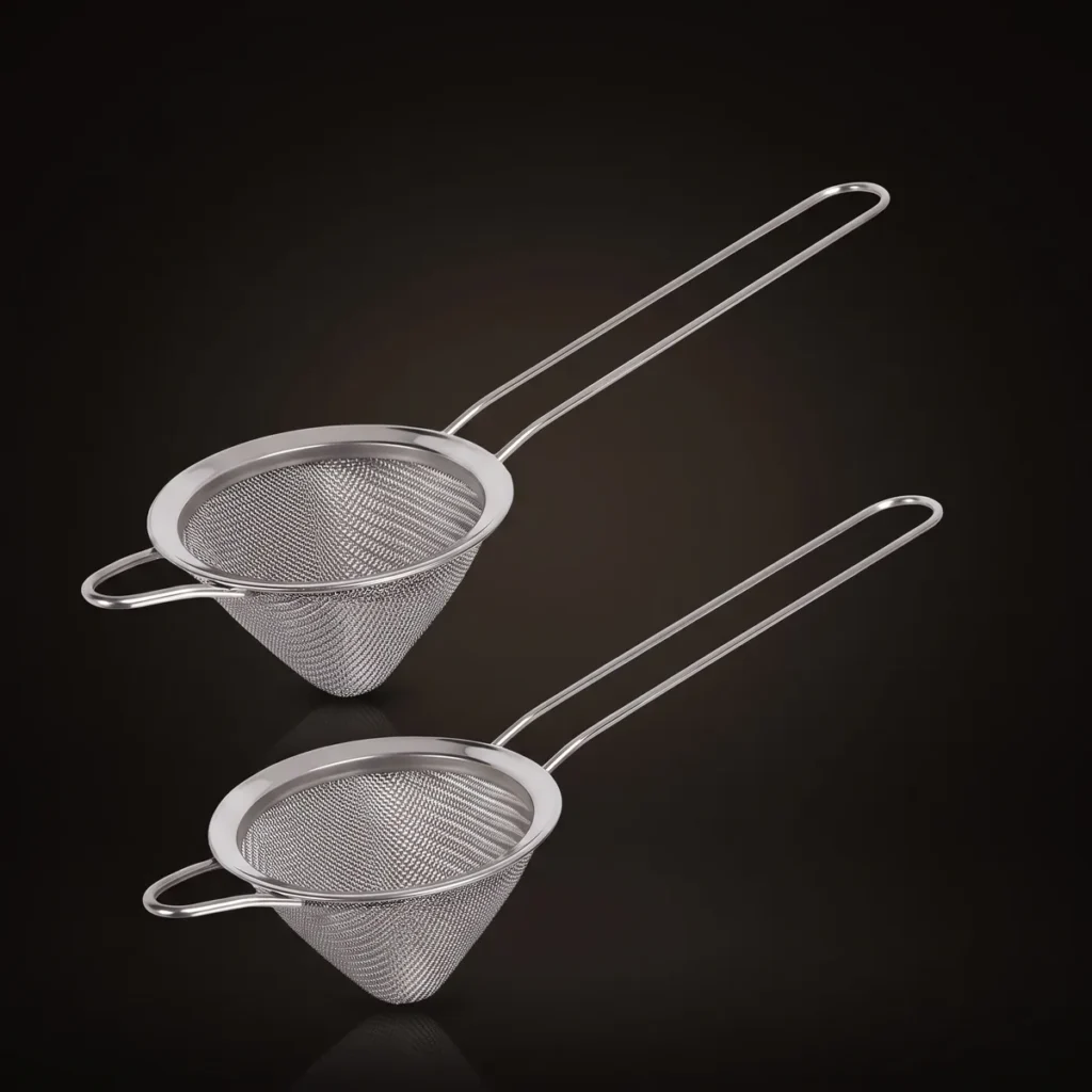 Conical fine strainers, set of 2, three-quarter view