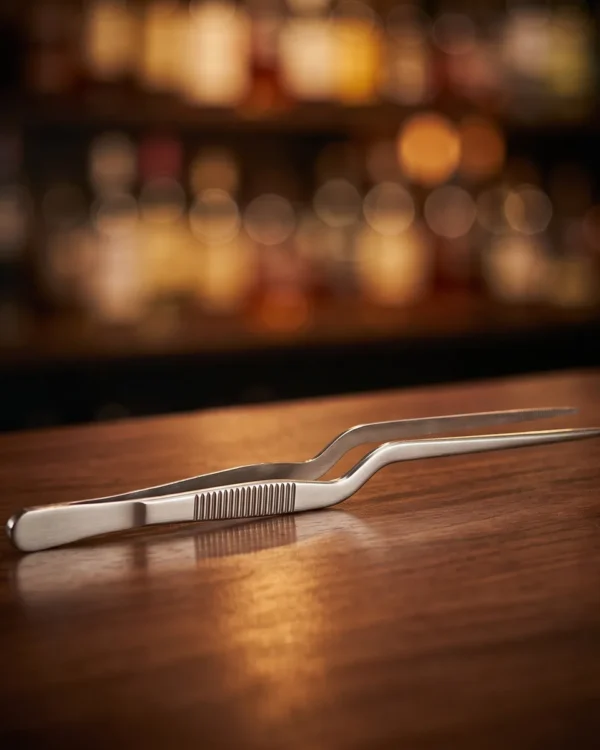 Stainless steel garnish tongs 14 cm, on a bar counter