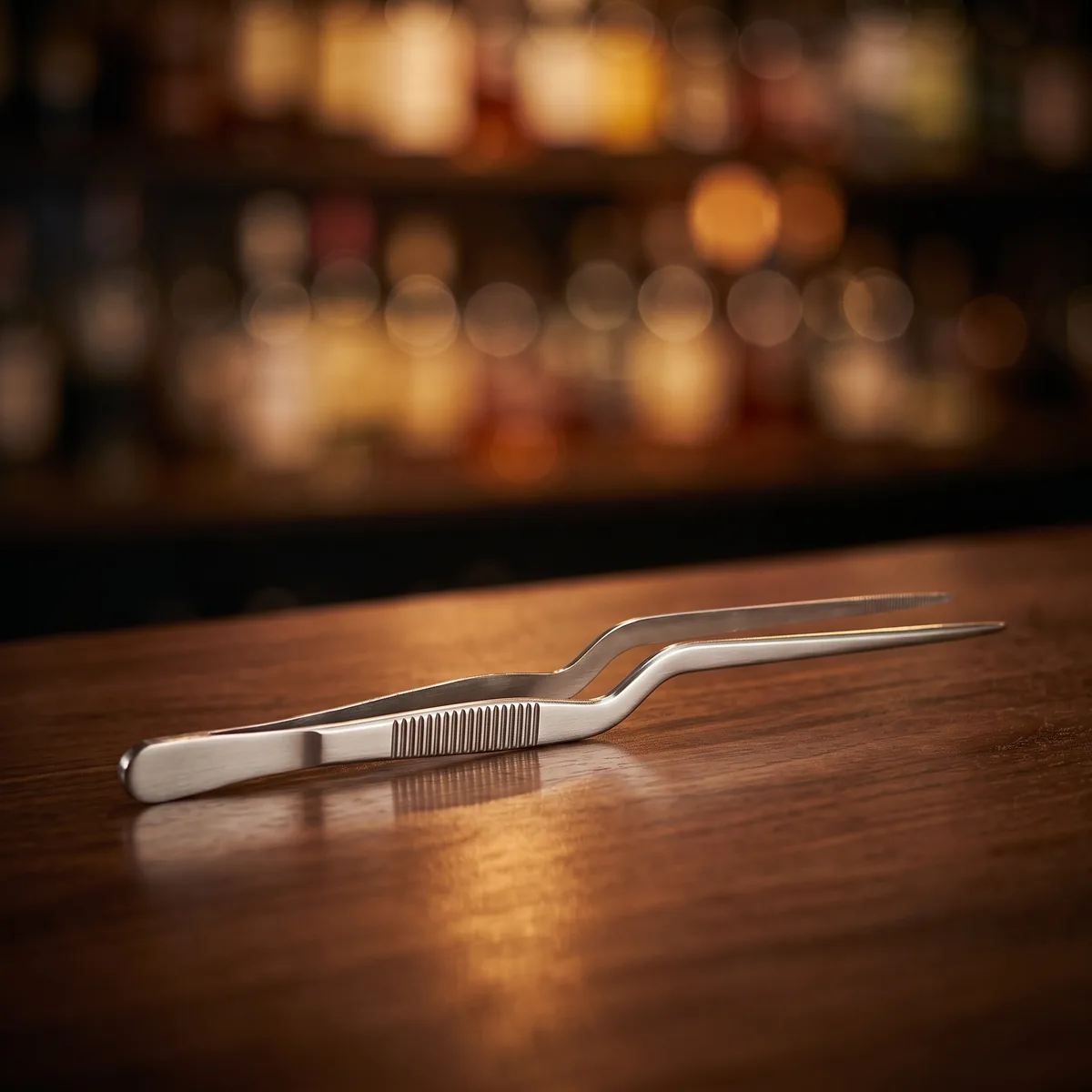 Stainless steel garnish tongs 14 cm, on a bar counter