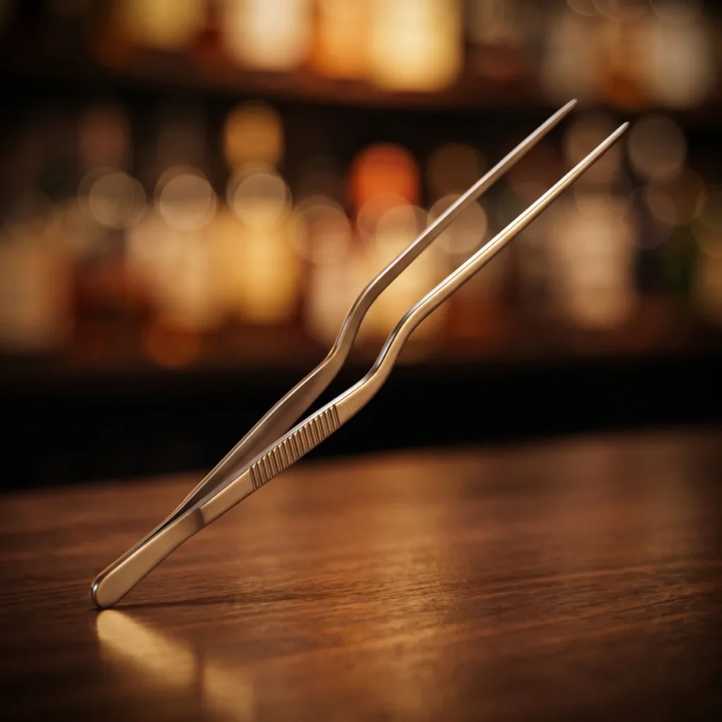 Stainless steel garnish tongs 20 cm, on a bar counter