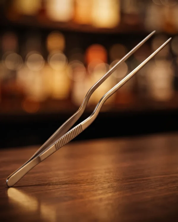 Stainless steel garnish tongs 20 cm, on a bar counter