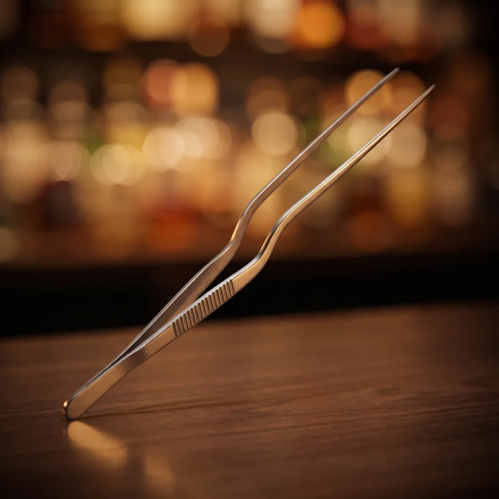 Stainless steel garnish tongs 26 cm, on a bar counter