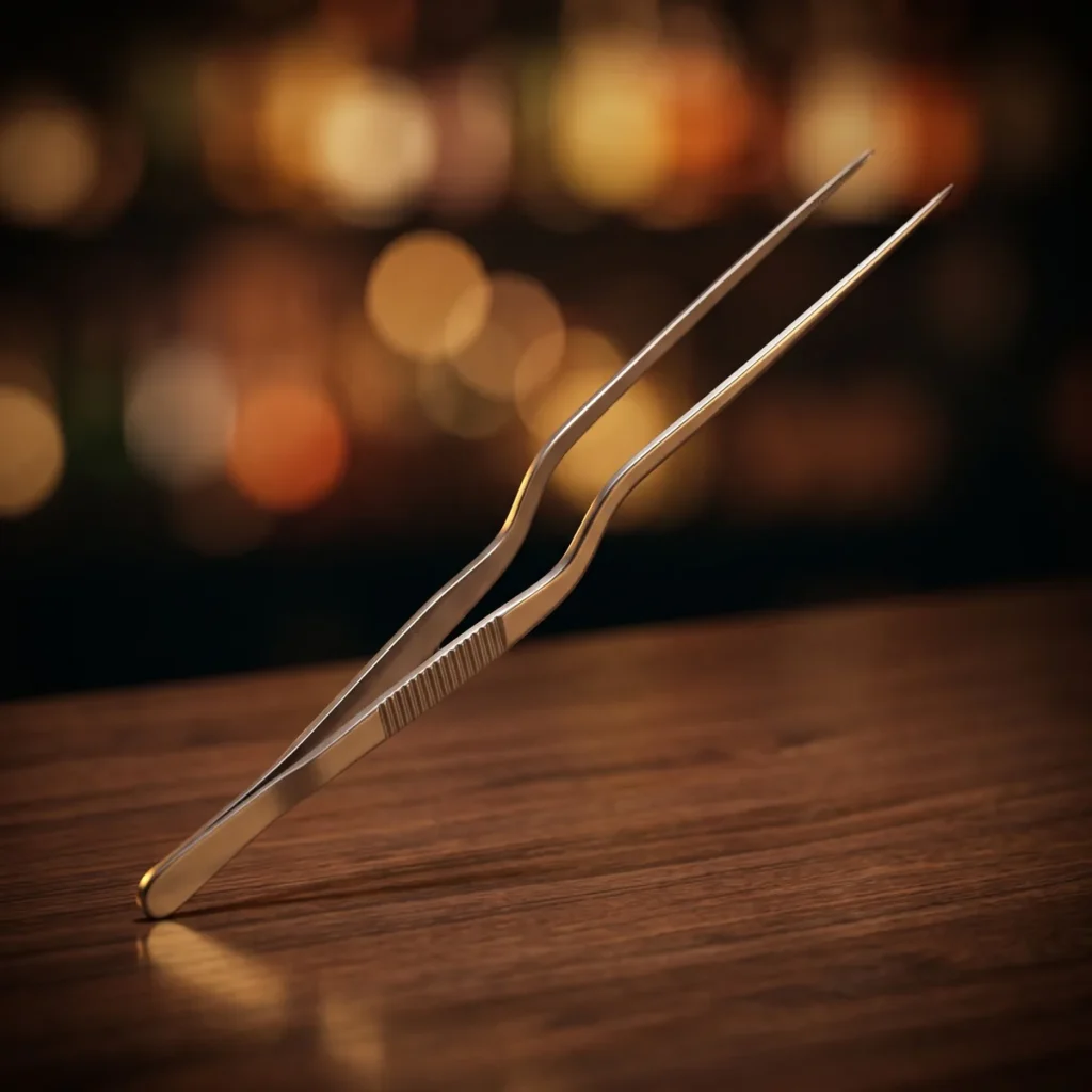 Stainless steel garnish tongs 30 cm, on a bar counter