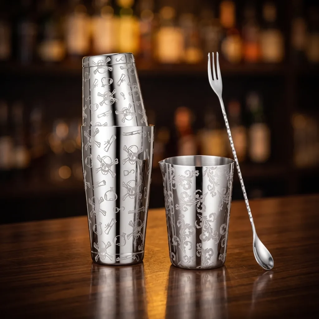 Engraved Boston set 3 pieces, mirror skull, on a bar counter